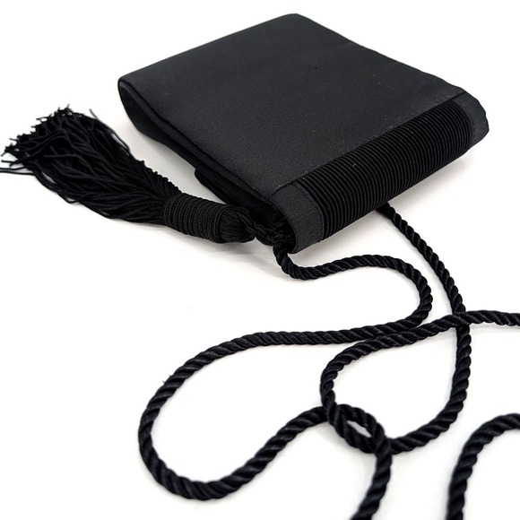 Lord & Taylor Vintage Black Satin Evening Bag Pleated Tassel Crossbody Clutch - Picture 3 of 12